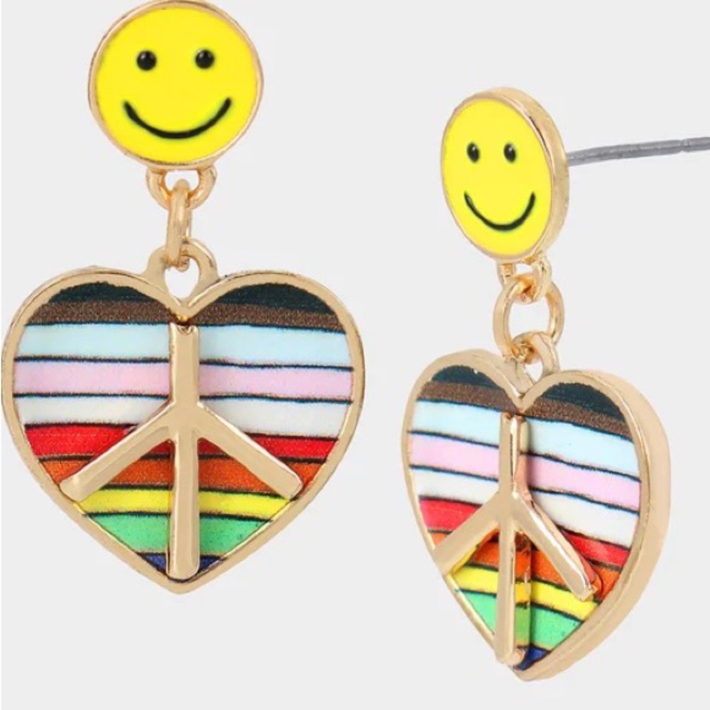 BETSY JOHNSON ONE LOVE HEART PEACE EARRINGS RAINBOW MULTI